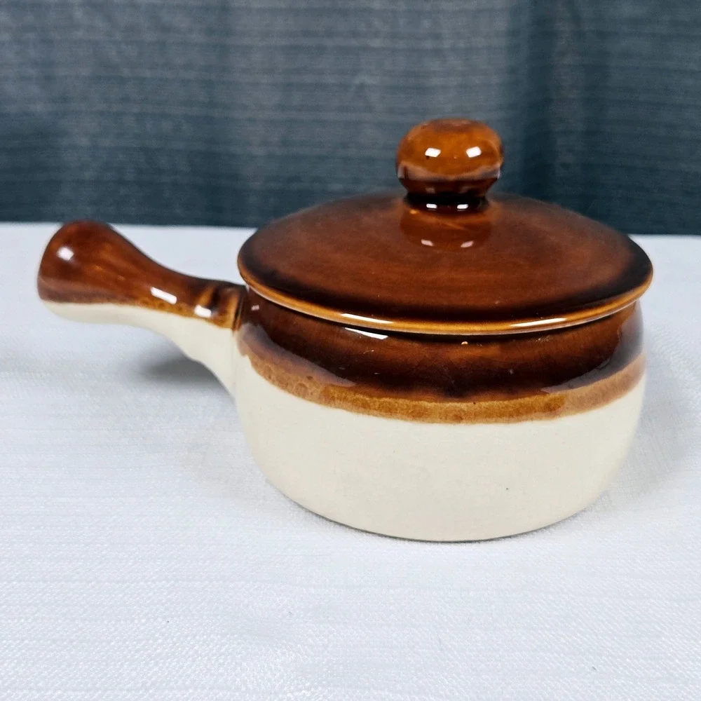 Vintage French Onion Soup Crock Bowl with Lid and Handle Brown Beige Ceramic